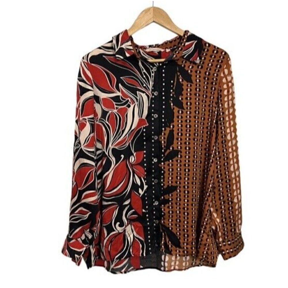 Soft Surrounding Womens Top SILK Blouse Size Large Long Sleeve Red Black Cream